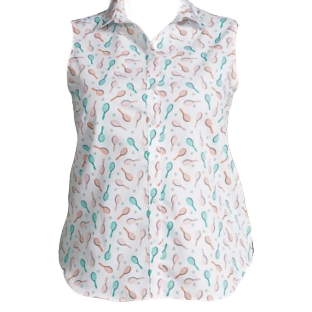 Lands' End ButtonUp Shirt 3X 26W No Iron Supima Cotton Coral Teal Tennis Rackets
